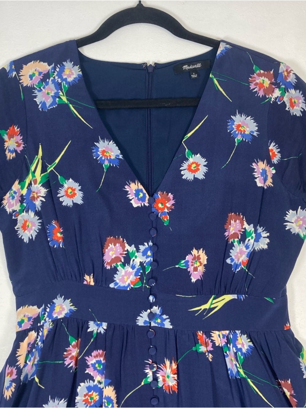 Madewell 100% Silk Navy Blue Floral V-Neck Babydoll Short Sleeve Mini Dress Sz 2 - Picture 4 of 16